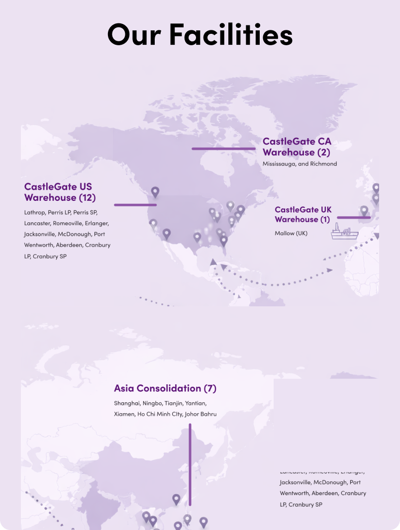 Map showing CastleGate warehouse locations: 12 warehouses in the US, 2 in Canada, and 1 in the UK, plus 7 Asia consolidation points